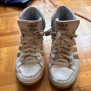 Adidas high top with gold accents - some scruffs but they are able to wash off